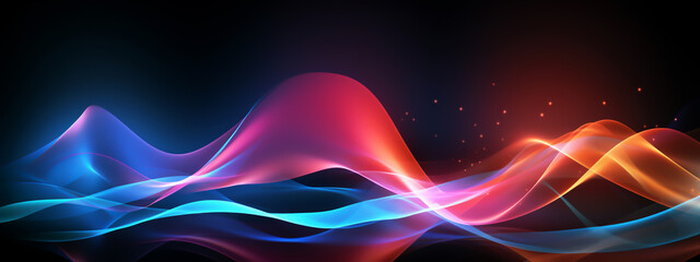 Digital abstract background with curved neon lines with rainbow colors glowing in the dark