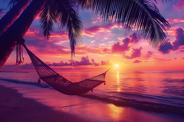 Hammock on tropical beach at sunset. - obrazy, fototapety, plakaty