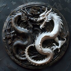 chinese white and black dragon on the wall sclupture