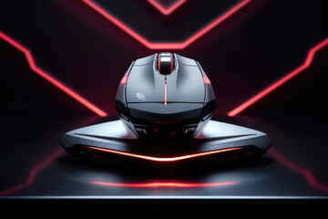 Gaming mouse on black surface with red lighting, Input device technology. Pc mouse with futuristic aesthetic on stand with neon light, on dark cyber background for equipment