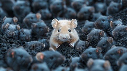 A rodent with whiskers stands amid a group of mice on soil - obrazy, fototapety, plakaty