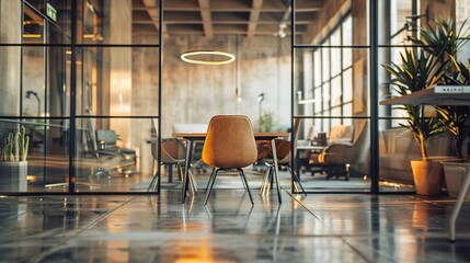 Creative office with open glass doors, chairs, and tables, without people	
