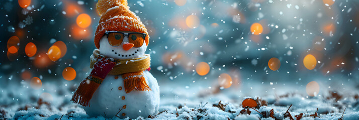 Life Snowman Carrot Nose and Sunglasses Characte,
A small snowman in a hat and a scarf on a New Year's background
