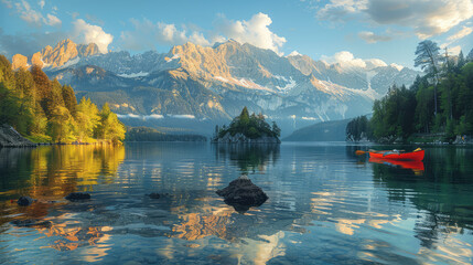 A stunning landscape photograph of the majestic Alps, with clear blue waters reflecting the mountains and an island covered in lush greenery nestled within them. Created with AI - obrazy, fototapety, plakaty