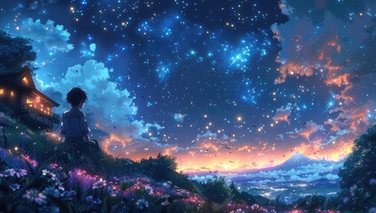 Purple flower field, small house in the middle of it, night sky with stars and clouds. Created with Ai