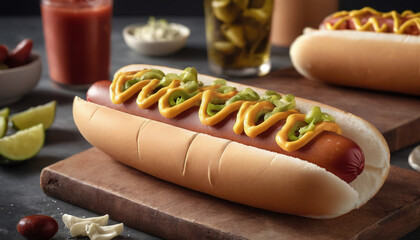 national Hot dog Day, festive dishes for a summer party with hot dogs, various types of traditional hot dogs