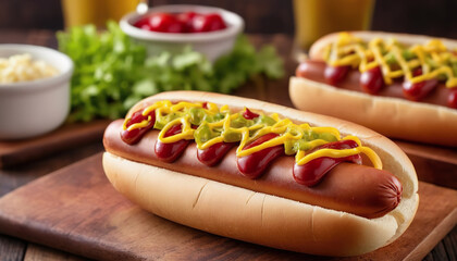 national Hot dog Day, festive dishes for a summer party with hot dogs, various types of traditional hot dogs