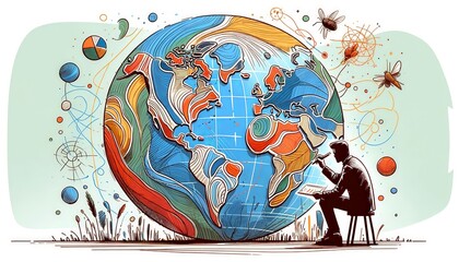 An ecologist using different colors to delineate areas on a globe, representing various biogeographical regions influenced by species distributions. 