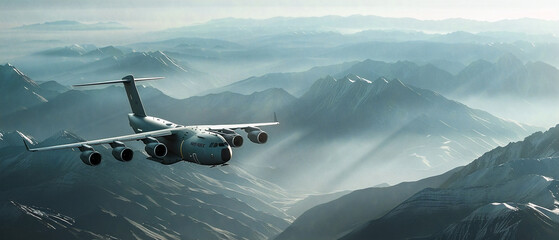 Cargo plane soaring above snowy mountain peaks, against a clear blue sky, in winter season.