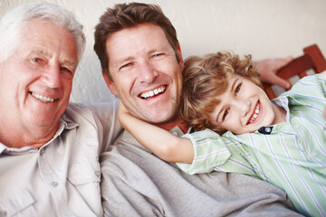 Portrait, hug and kid with father, grandfather and laughter in a house with care, trust and...