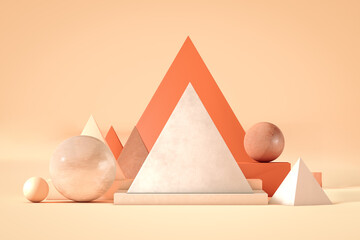 White and Orange 3D Sculpture With Pyramid in Background