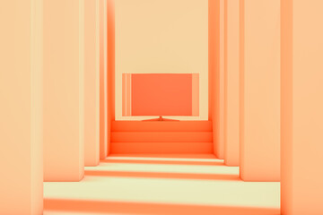 Abstract 3D of an Empty Room With Stairs and tv