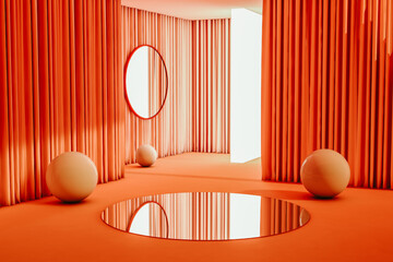 Orange Room With Round Mirrors and Balls on Floor