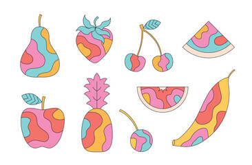 Groovy bright cartoon hippie patterned fruits. 