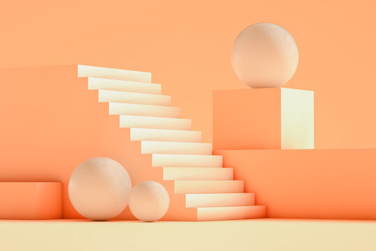 Peach-colored 3D Stair With spheres around