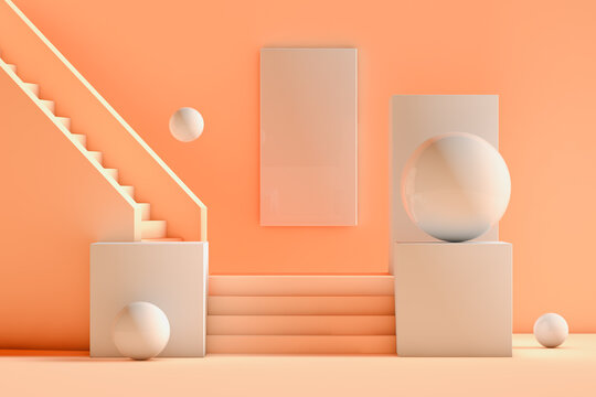 Peach-colored 3D Stairs With Balls and frame