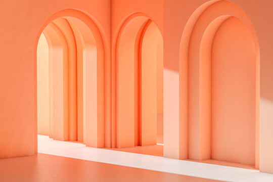 Abstract 3D of Arches and Columns in an Orange Room