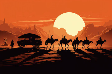 Traditional Arab caravan moving through a desert landscape, iconic cactus silhouettes enhancing the arid environment - obrazy, fototapety, plakaty
