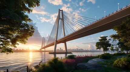 An Architecturally Stunning Bridge Spanning a Vast River, Its Elegant Design Seamlessly Connecting Two Bustling Cityscapes - obrazy, fototapety, plakaty