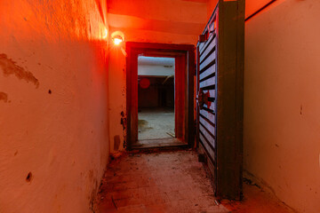 Entrance to bomb shelter protective construction of civil defense. Large armored blast proof doors...