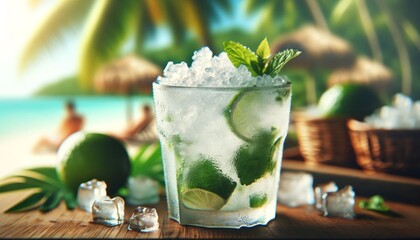 Frosty Mojito served with crushed ice, focus on the frosty exterior of the glass, tropical background softly blurred.. AI generated. - obrazy, fototapety, plakaty