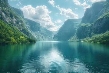 A stunning view of the Fjord in Norway, with its deep blue waters reflecting the majestic green mountains and clear skies. Created with Ai - obrazy, fototapety, plakaty