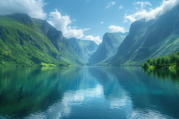 A stunning view of the fjords in Norway, with lush green mountains and crystal clear waters reflecting blue skies. Created with Ai - obrazy, fototapety, plakaty
