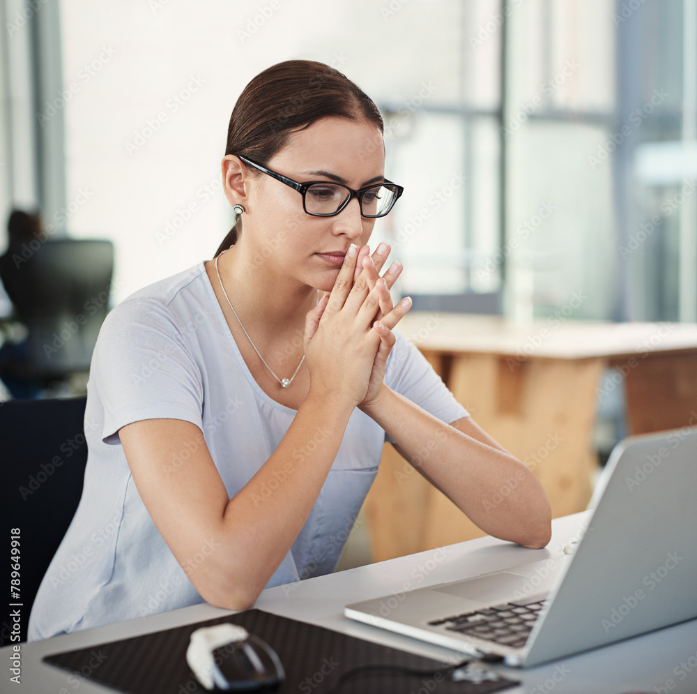 Poster thinking, female person and developer in office with laptop for vision to planning, solutions and id