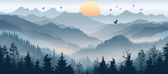 Foto op Plexiglas illustration of mountain landscape with forest and flying birds under cloudy sky with dawn. AI generated illustration © Gulafshan