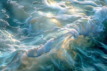 Mesmerizing Dance of Light on Sunlit Gentle Waves in Soft Blue Hues. Generative Ai. Ocean s Embrace: A magnificent image of a crystal-clear wave cresting in the bright sunlight.
