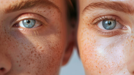 Closeup, eyes and vision with portrait, people and compare for optical care and eyesight or optometry together. Woman, twins or support with face, family and healthcare with genetics and skin freckle