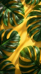 Monstera leaves border on yellow background