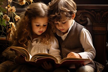 Adorable children engrossed in reading books. - obrazy, fototapety, plakaty