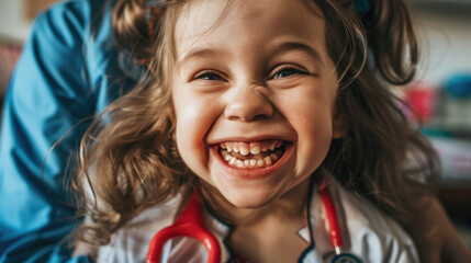A young girl wearing a red stethoscope around her neck