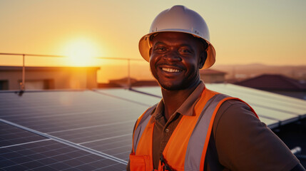 smiling dark skinned man wearing an orange safety vest and stands in front of solar panel, sun shines in background - obrazy, fototapety, plakaty