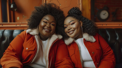 Two women are seated side by side on a sofa, conversing or watching television in a living room setting