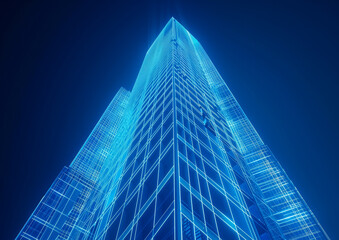 Line-based visualization: glowing skyscraper on translucent background