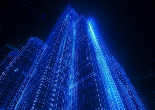 Line-based visualization: glowing skyscraper on translucent background - Powered by Adobe