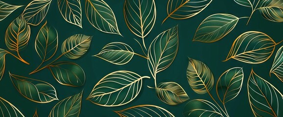 Luxury golden art deco wallpaper. Nature background. Floral pattern with golden split-leaf Philodendron plant with monstera plant line art. AI generated illustration - obrazy, fototapety, plakaty