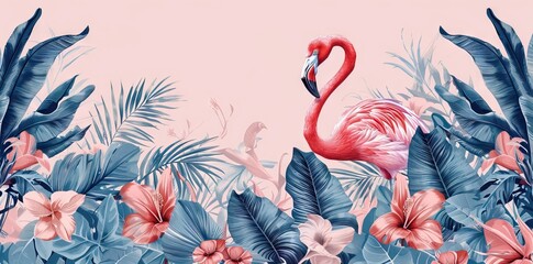 Watercolor tropical wildlife, flamingo bird, seamless. Hand Drawn jungle nature, flowers illustration. Print for textile, cloth, wallpaper, scrapbooking. AI generated illustration