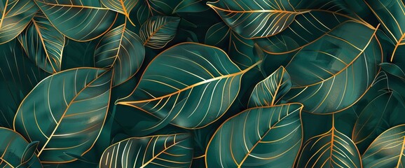 Luxury golden art deco wallpaper. Nature background. Floral pattern with golden split-leaf Philodendron plant with monstera plant line art. AI generated illustration - obrazy, fototapety, plakaty