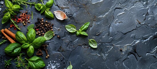Herbs and spices are placed on a stone table for cooking. The selection includes basil, rosemary, pepper, and salt. The image is captured from a top view, leaving space for text.