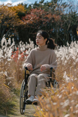Asian woman sits in a wheelchair in a vast open field, surrounded by grass and under a blue sky