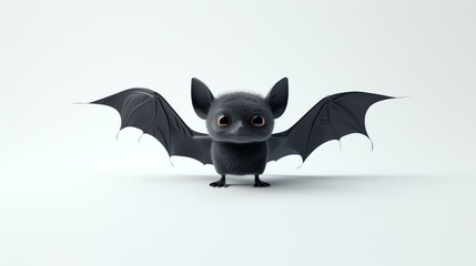 A cute and friendly 3D rendering of a cartoon bat. It has big eyes, a small nose, and fluffy fur.