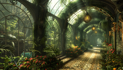 Victorian style steampunk future botanical garden design with ornate sculptures and industrial elements.