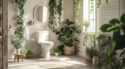 Fototapeta na wymiar Bright and airy bathroom with green plants