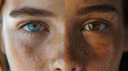 Closeup, eyes and heterochromia with portrait, people and vision for optical care and optometry. Woman, skin and collage for dermatology treatment, skincare and chemical peel compare or uv radiation - obrazy, fototapety, plakaty