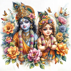 Watercolor illustration for the festival of vishu with a young lord krishna and konna flowers decoration for social media poster ads created with generative ai	 - obrazy, fototapety, plakaty