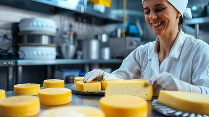 Fotobehang Female cheese maker inspecting freshly prepared cheese wheels on a stainless steel countertop © Iryna
