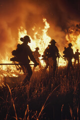 Fototapeta premium A group of men standing next to a blazing fire outdoors